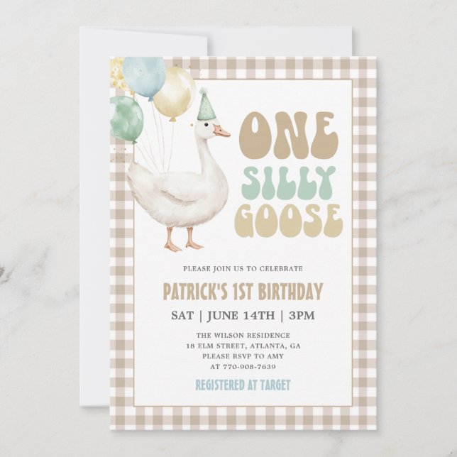 Beige Gingham One Silly Goose 1st Birthday Invitation (Front)