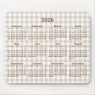 Beige Gingham Plaid Brown 2026 Calendar Mouse Pad
