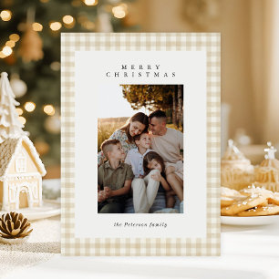 Beige Gingham Plaid Photo Merry Christmas Holiday Card