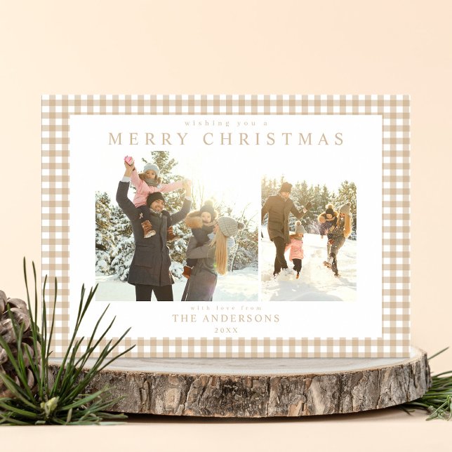 Beige Gingham Plaid Two Photo Holiday Card (Creator Uploaded)