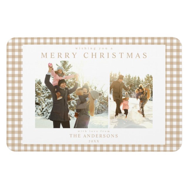Beige Gingham Plaid Two Photo Magnet (Horizontal)