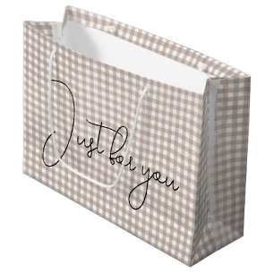 Beige Gingham Print Large Gift Bag