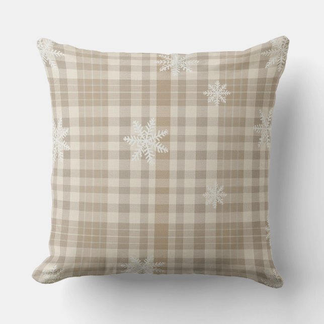 Beige Gingham Snowflake Throw Pillow –Cosy Neutral (Front)