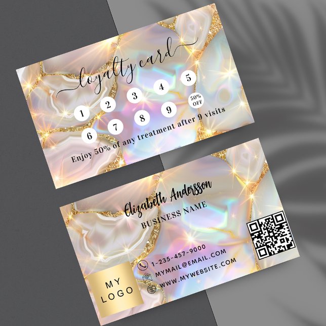 Beige gold agate holographic business logo QR code Loyalty Card (Creator Uploaded)