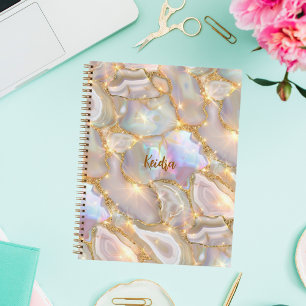 Beige gold agate holographic name notebook
