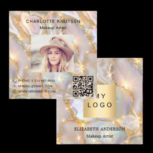 Beige gold agate holographic photo qr code logo square business card