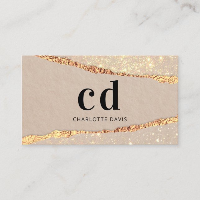 Beige gold agate marble monogram initials business card (Front)