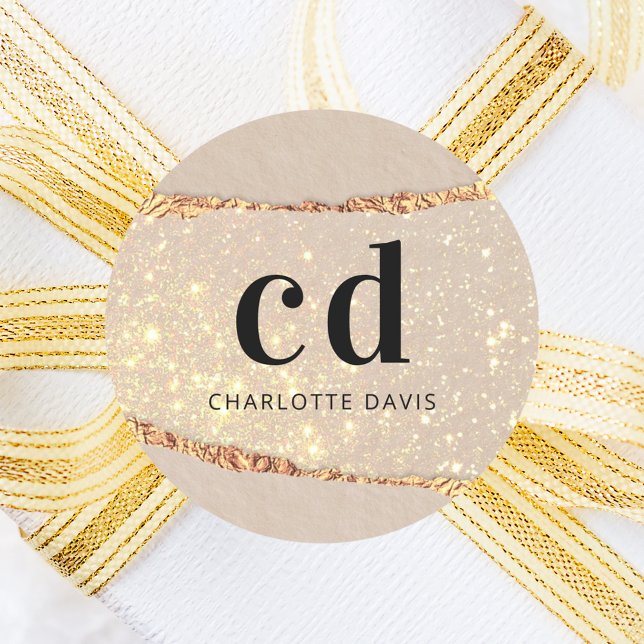 Beige gold agate marble monogram initials classic round sticker (Creator Uploaded)