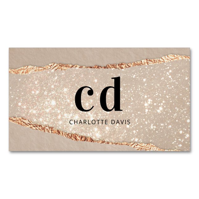Beige gold agate marble monogram initials magnetic business card (Front)