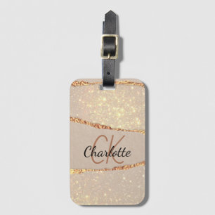 Beige gold agate marble monogram luxury luggage tag