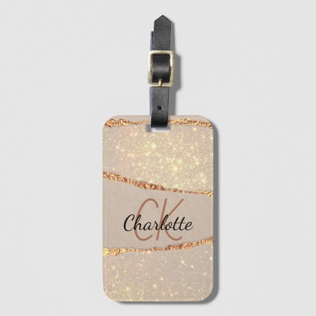 Beige gold agate marble monogram luxury luggage tag (Front Vertical)