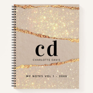 Beige gold agate marble monogram notebook