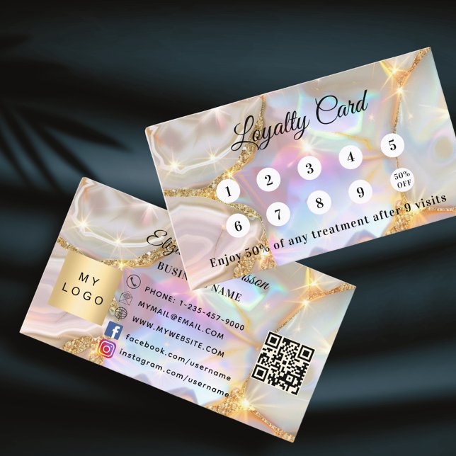 Beige gold agate qr business logo loyalty card (Creator Uploaded)