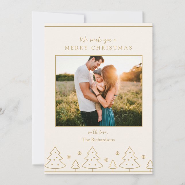 Beige Gold Christmas Tree Two Photo Holiday Card (Front)