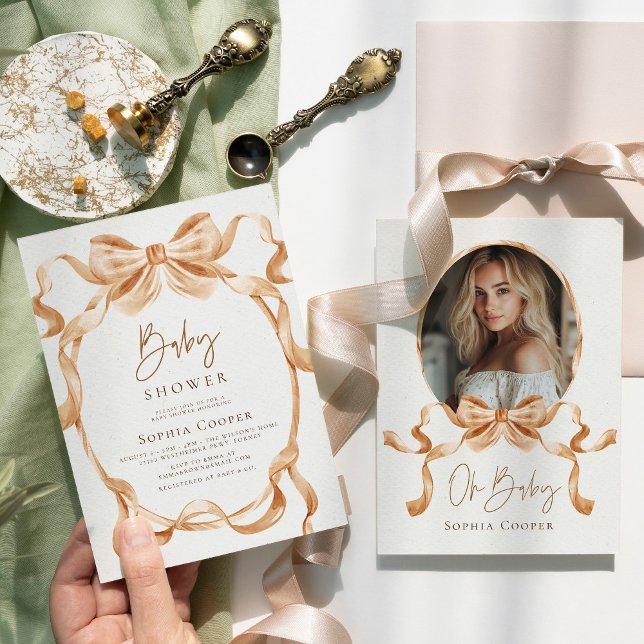 Beige & Gold Coquette Bow Photo Baby Shower Invitation (Creator Uploaded)