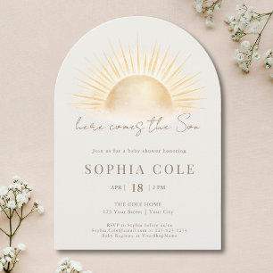 Beige Gold Here Comes The Son Baby Boy Shower Invitation