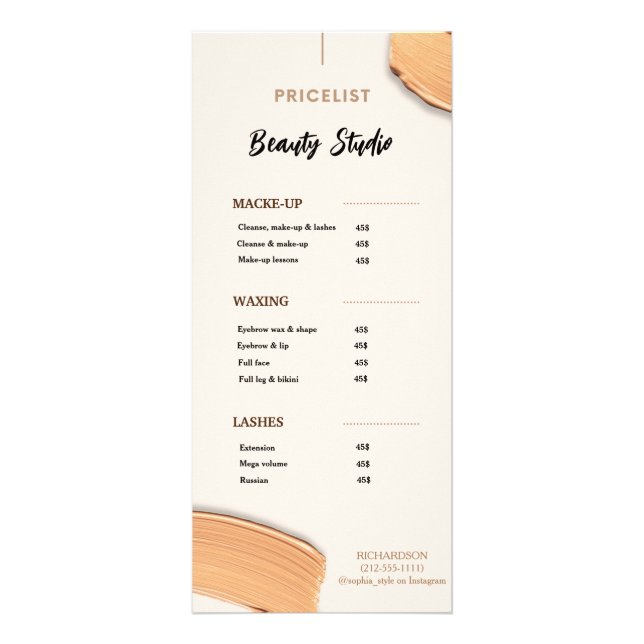 Beige Gold Minimal Aesthetics Salon Price list Rack Card (Front)