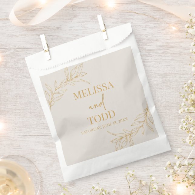 Beige Gold Minimal Minimalist Branch Leaf Wedding Favour Bags (Clipped)