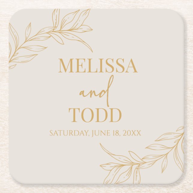 Beige Gold Minimal Minimalist Branch Leaf Wedding Square Paper Coaster (Front)