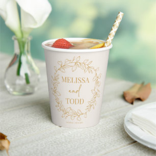 Beige Gold Minimalist Branch Leaf Wreath Wedding Paper Cups