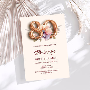 Beige gold peach floral 80th birthday invitation