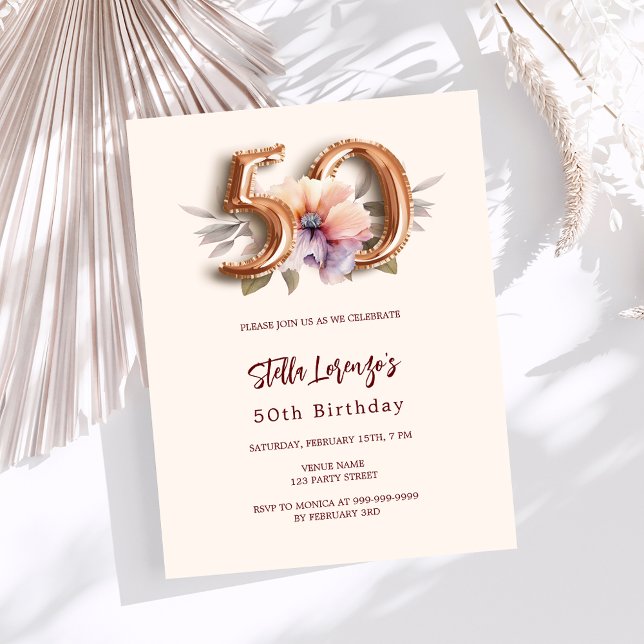 Beige gold peach floral budget 50th birthday (Creator Uploaded)