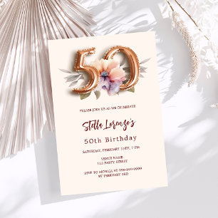 Beige gold peach watercolored floral 50th birthday invitation