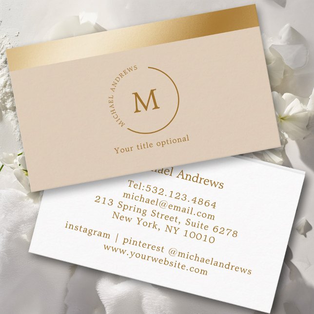 Beige Gold Stripe Monogramm Circle Business Card (Creator Uploaded)