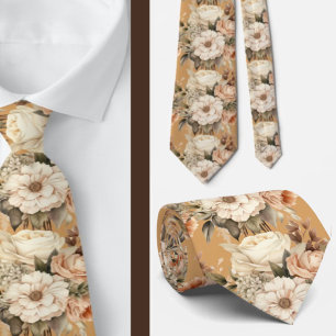 Beige Gold Tan Ivory White Watercolor Floral Tie