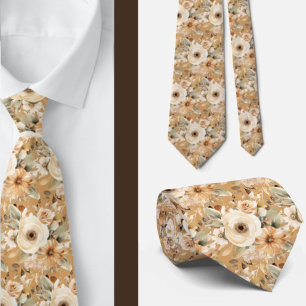 Beige Gold Tan Ivory White Watercolor Floral Tie