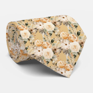 Beige Gold White Roses Floral Flowers Neck Tie