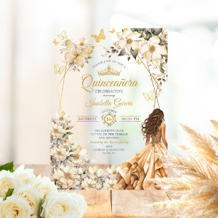 Beige Golden Tiara Floral Butterflies Quinceañera Acrylic Invitations