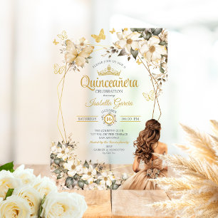 Beige Golden Tiara Floral Butterflies Quinceañera Acrylic Invitations
