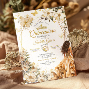 Beige Golden Tiara Floral Butterflies Quinceañera Invitation