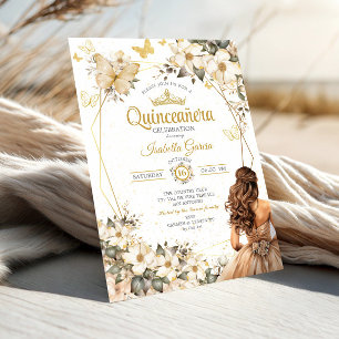 Beige Golden Tiara Floral Butterflies Quinceañera Invitation