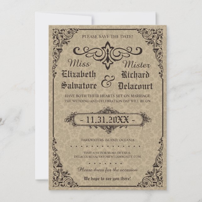 Beige Gothic Victorian Damask Save the Dates Date (Front)