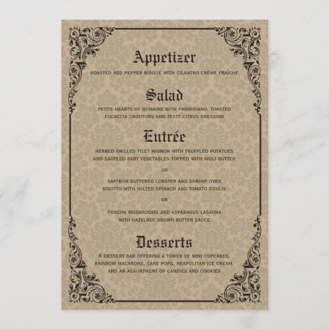 Beige Gothic Victorian Damask Wedding Menu Cards (Front)
