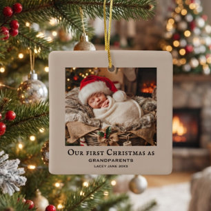 Beige Grandparents First Christmas Baby Photo Ceramic Ornament