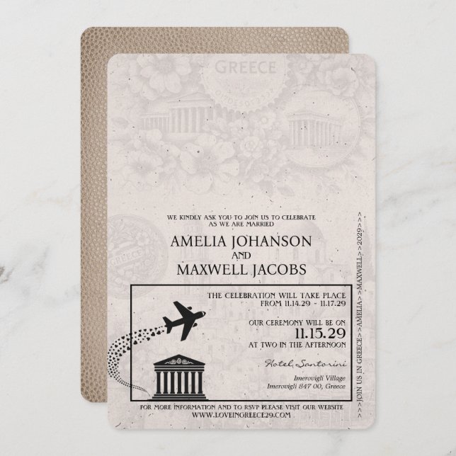 Beige Greece Passport Wedding Invitation (Front/Back)