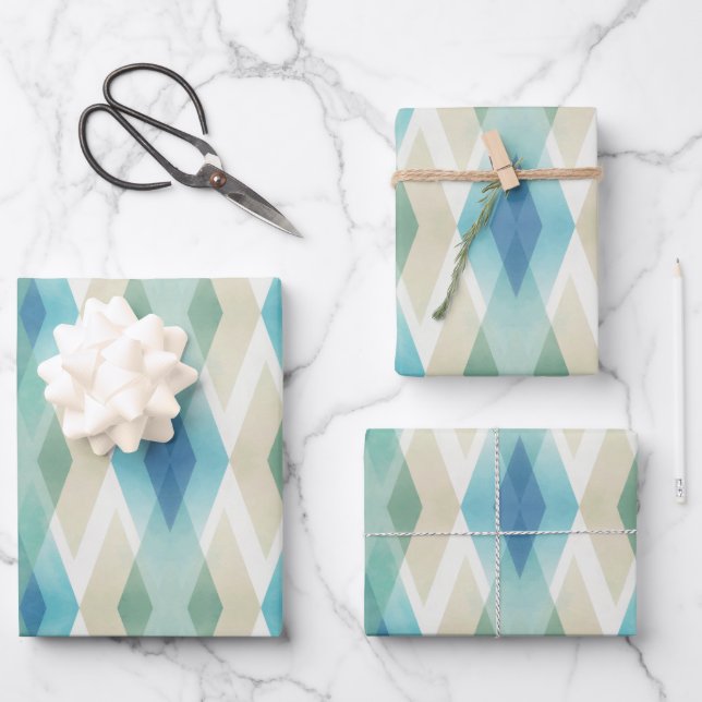 Beige Green Blue White Teal Rhombuses Pattern Wrapping Paper Sheet (Front)
