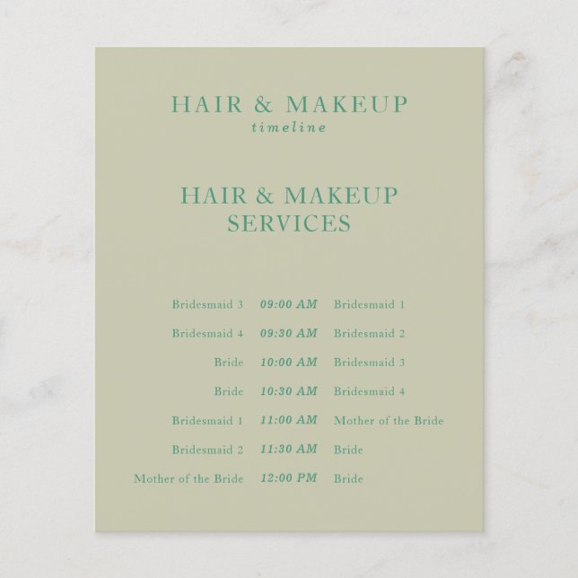 Beige Green Budget Wedding Hair Makeup Timeline Flyer (Front)