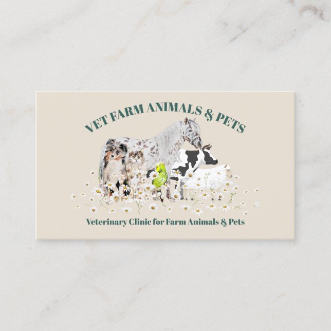 Beige Green Daisy Flowers Farm Animals Business Card (Front)