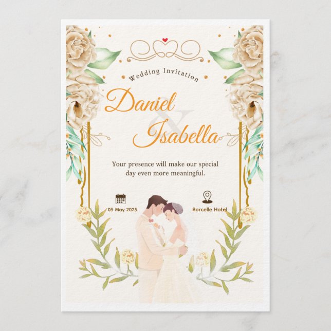 Beige Green Floral Watercolor Wedding Invitation (Front)
