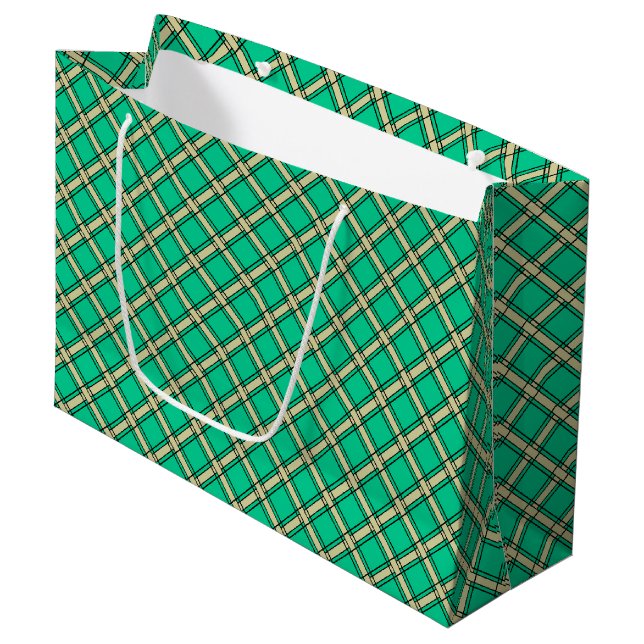 Beige green , plaid pattern  large gift bag (Front Angled)