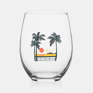 Beige Green Summer Beach Stemless Wine Glass