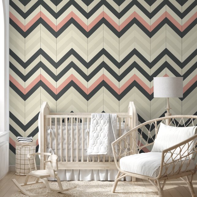 Beige Grey and Pink Chevron Pattern Wallpaper (Kids)