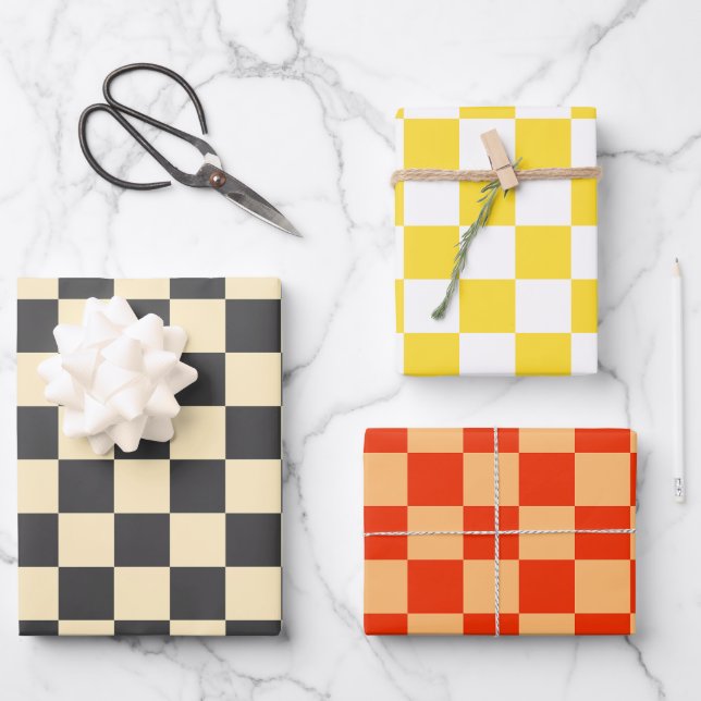 Beige + Grey Check Chequered Chequerboard Pattern Wrapping Paper Sheet (Front)