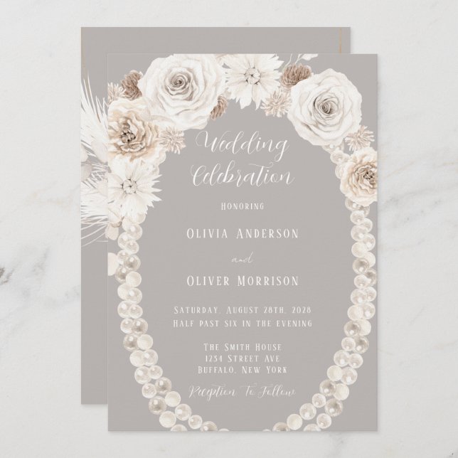 Beige Grey Floral White Pearls Wedding Invitation (Front/Back)