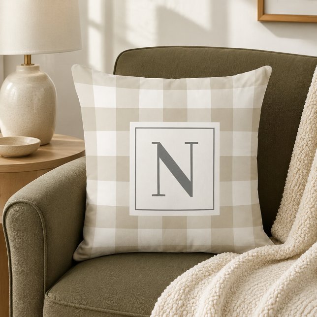 Beige Grey Gingham Check Monogram Initial Cushion (Creator Uploaded)