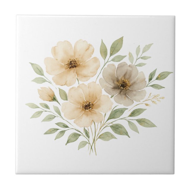 Beige Grey Neutral Colours Boho Watercolor Florals Tile (Front)